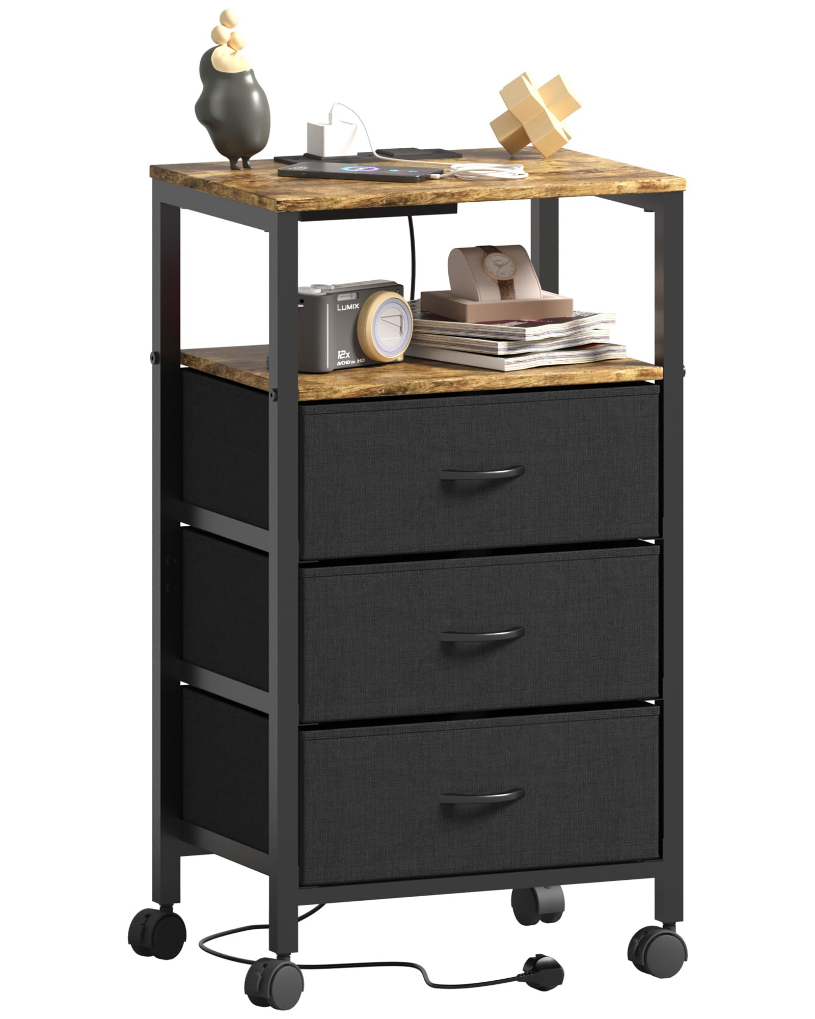 Lutown-Teen Bedside Table with Charging Station and 3 Drawers – Rustic Brown