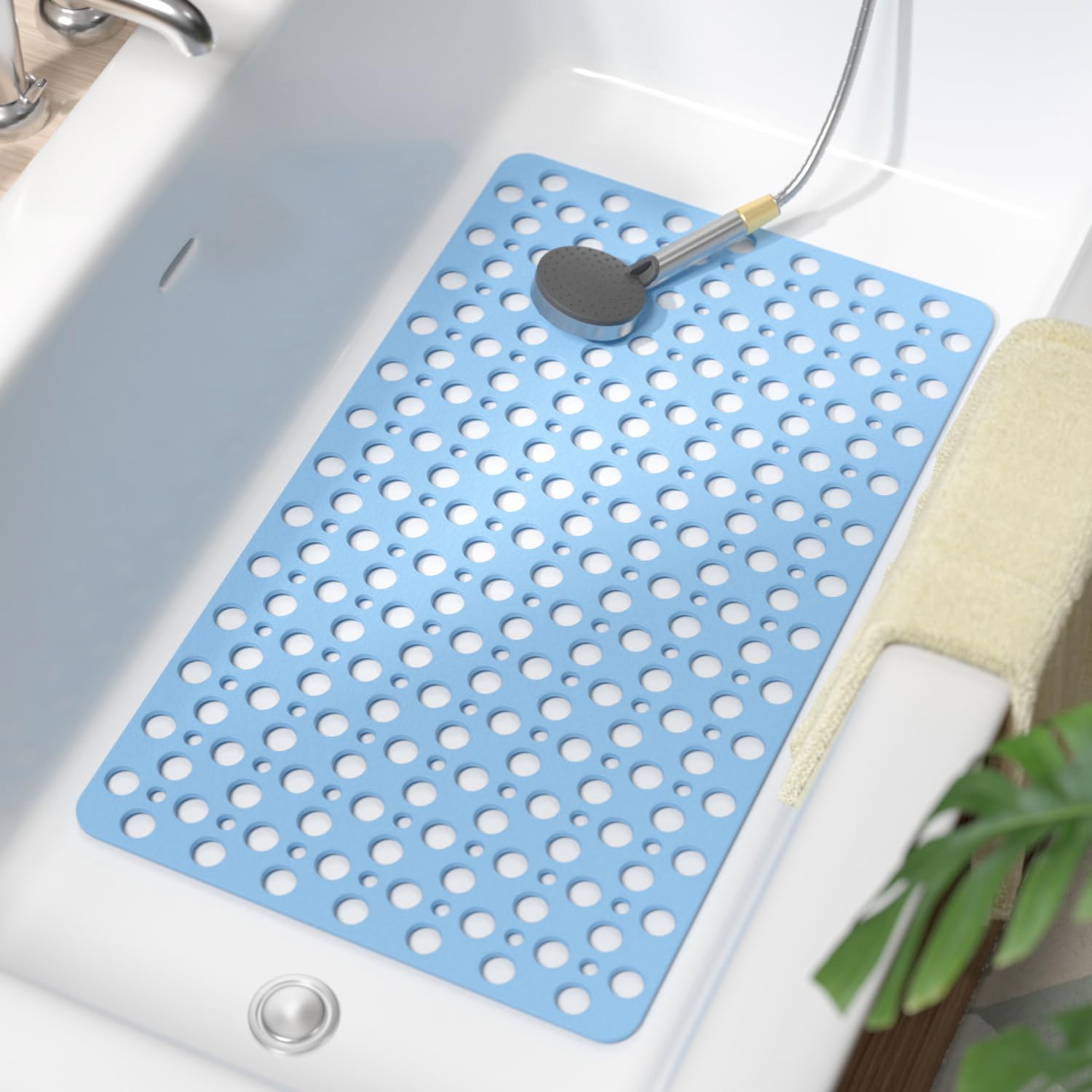 HITSLAM Non Slip Bath Mat | 75x43cm TPE Shower Mat with Drainage | Blue