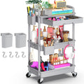 Yeabett 3 Tier Storage Trolley with Drawer, Utility Cart with Plastic Shelf & Lockable Wheels Multifunctional Storage Cart for Kitchen, Bathroom