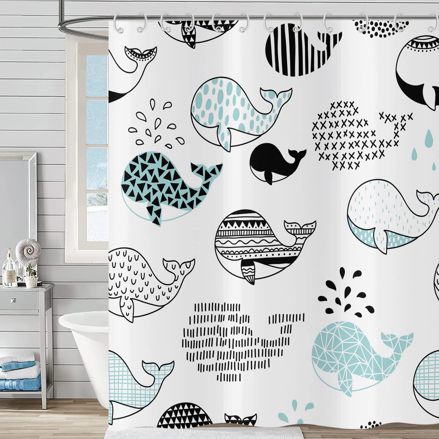 Hnmdmyi Cartoon Whale Shower Curtain | Waterproof Polyester Kids Bath Decor