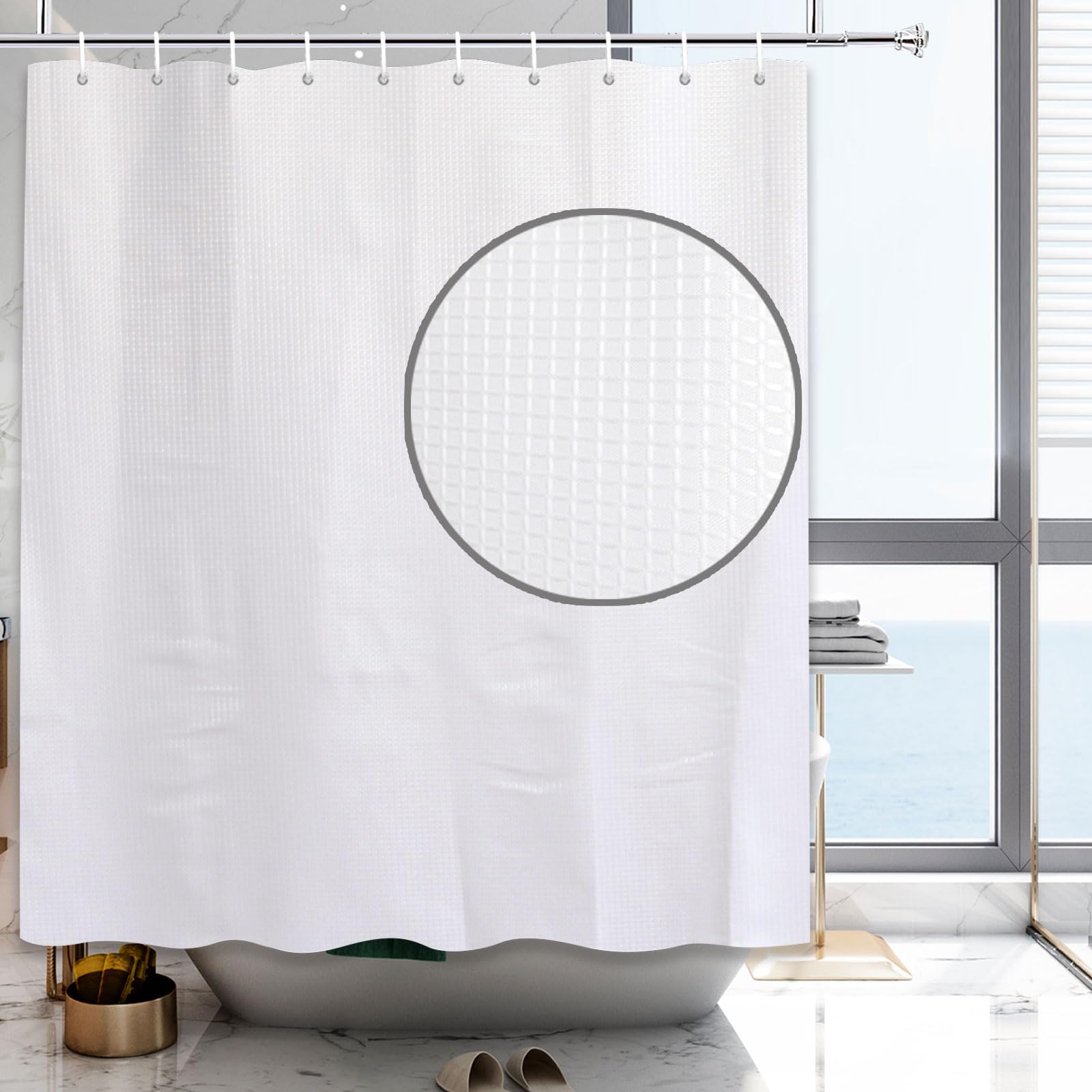 Jolof Store White Waffle Shower Curtain | Waterproof Fabric with Hooks