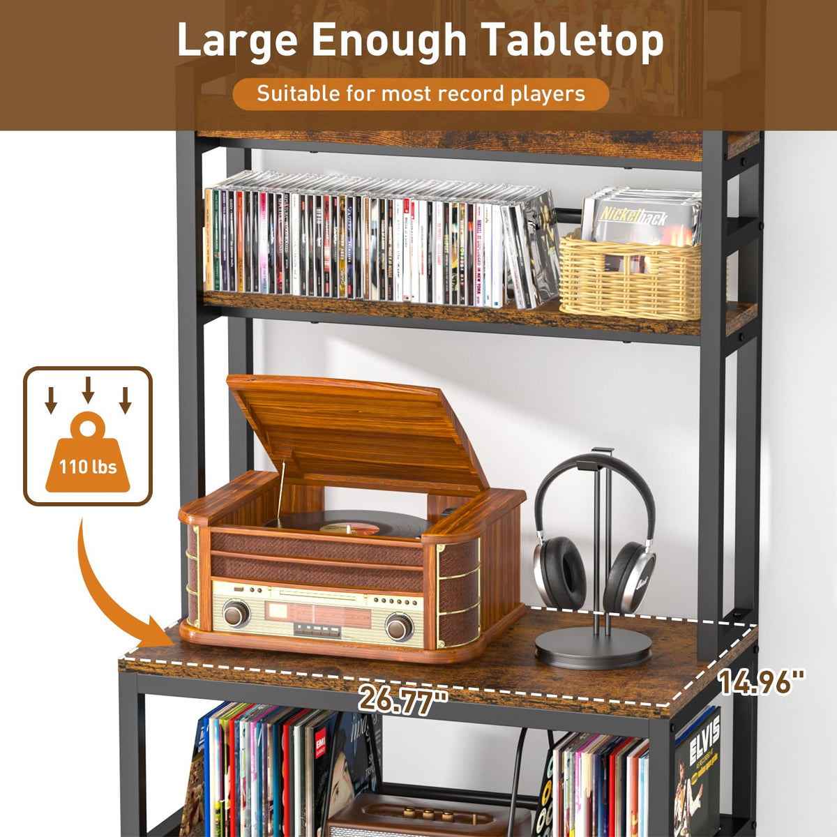 ikkle Record Player Stand with Vinyl Storage, Turntable Stand Holds Up to 500+Albums, 5 Layer Record Player Table with CD Racks for Living Room - image 5