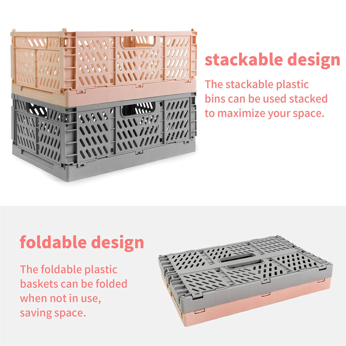 Spesh 2 Pcs Collapsible Storage Boxes Stackable Storage Baskets Folding Plastic Crates Foldable Crate Bins with Handles for Desk,Shelf,Cupboard