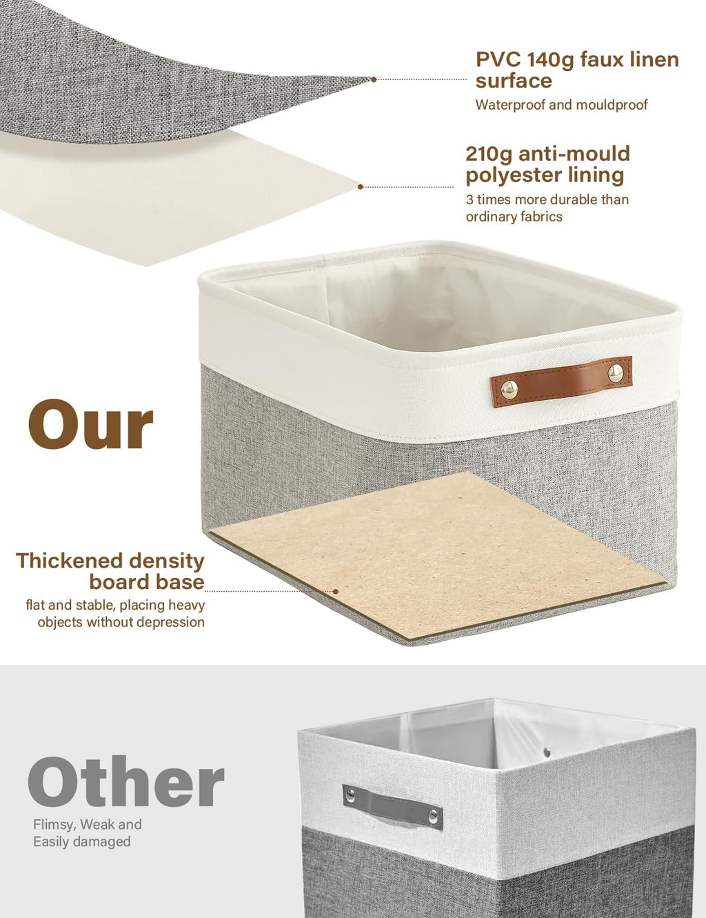 Bagnizer Foldable Storage Baskets for Shelves Closet 2PCS Fabric Small Organizer Box Bins with Handles Waterproof Canvas Box for Clothes, Pet Toys - image 2
