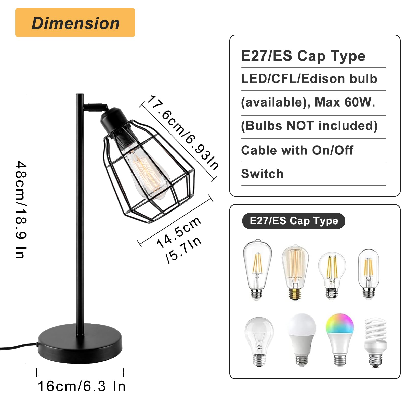 Harper Living Vintage Caged Table Lamp – Black Industrial Bedside Light