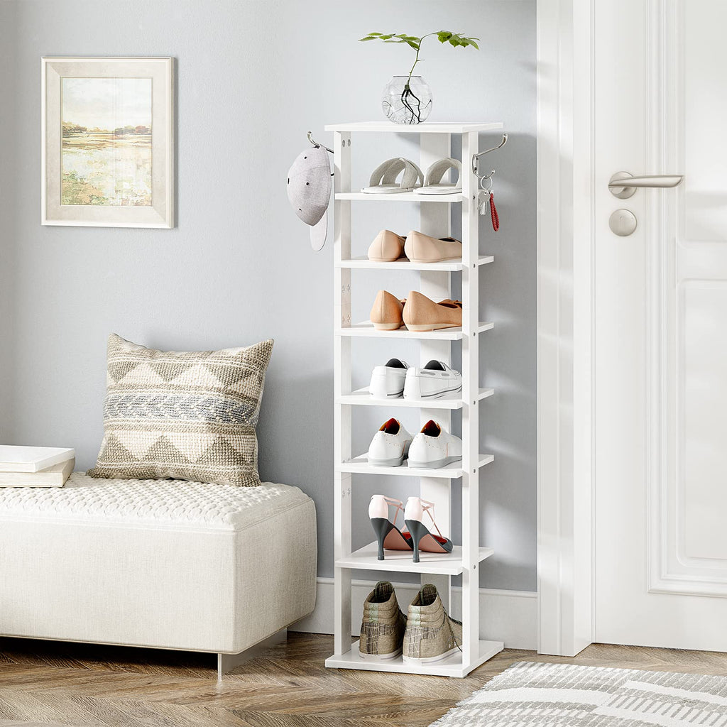 HOOBRO 8-Tier Narrow Shoe Rack – Tall White Wooden Vertical Storage Tower