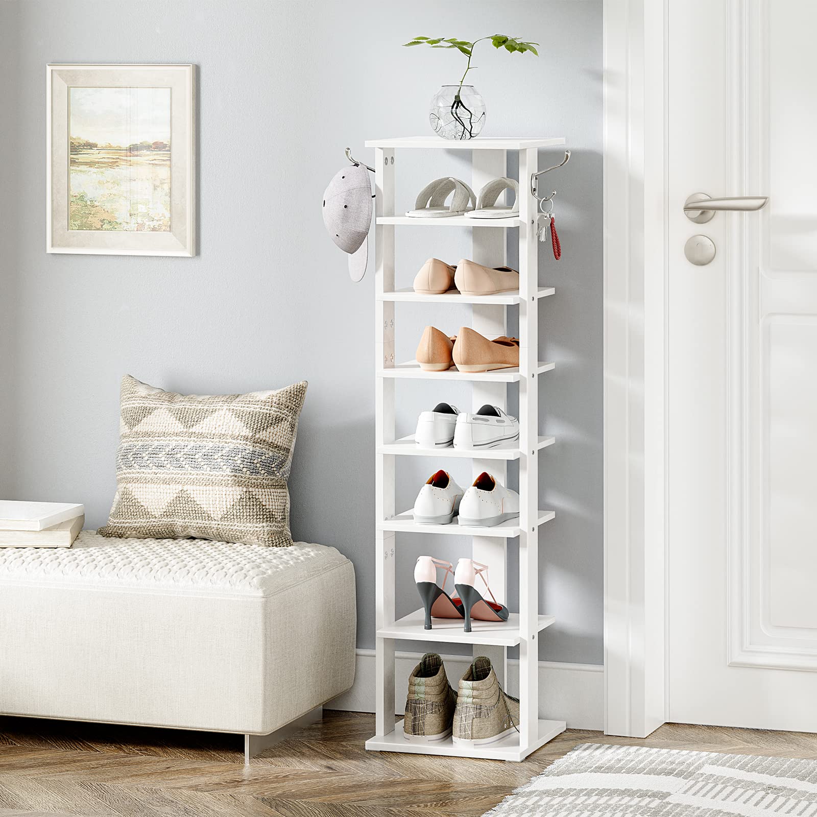 HOOBRO 8-Tier Narrow Shoe Rack – Tall White Wooden Vertical Storage Tower