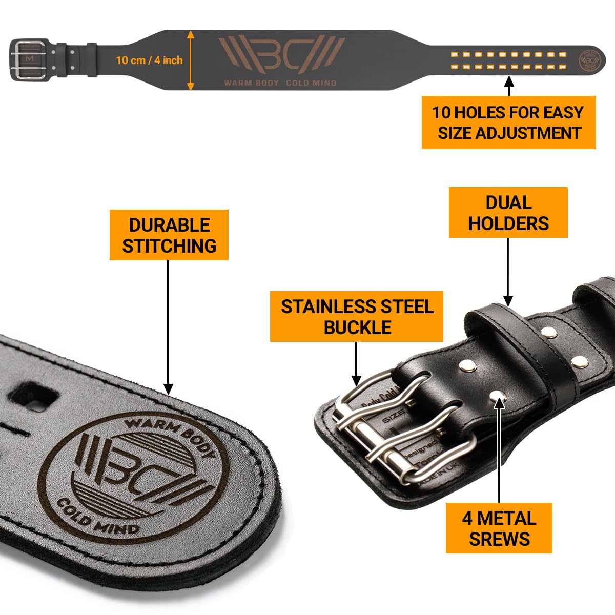 WARM BODY COLD MIND Weight Lifting Belt | 4" Genuine Leather Gym Belt
