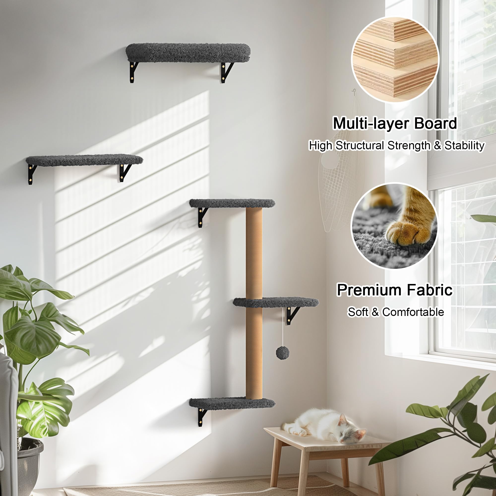 FUKUMARU 4-in-1 Cat Wall Shelves Set - Wooden Climbing Furniture, Gray