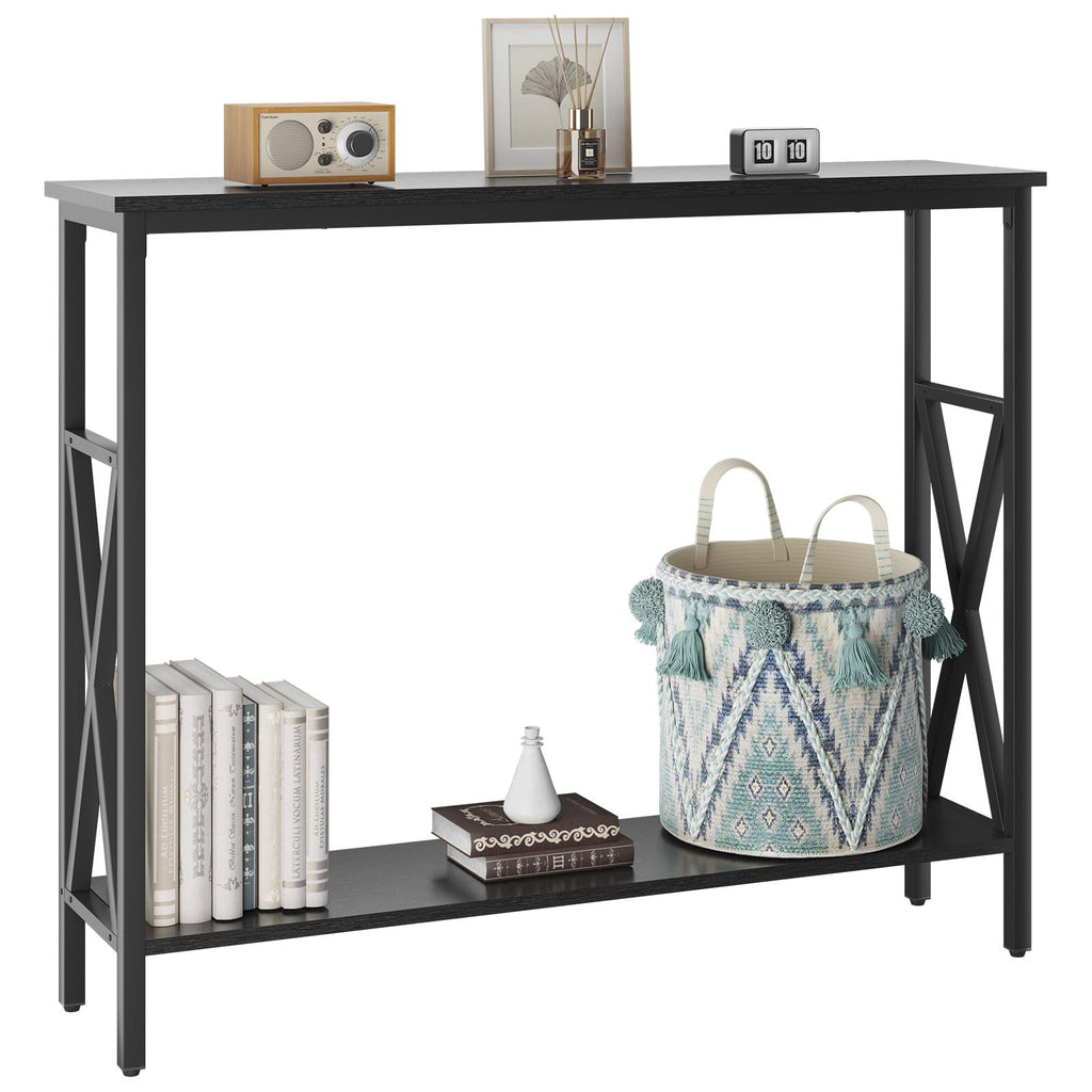 YMYNY Console Table Narrow Sofa Table with Shelves Black HST007B
