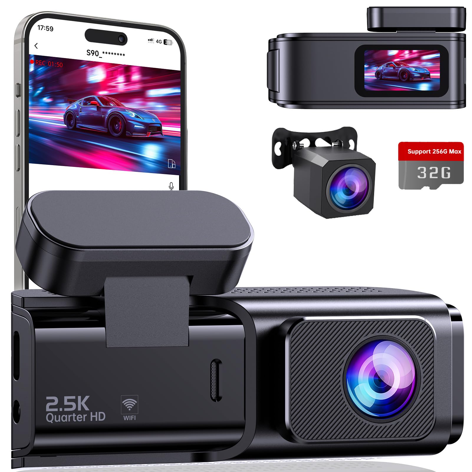 Jolof Store 2.5K Dual Dash Cam Front and Rear – WiFi & 32GB Card