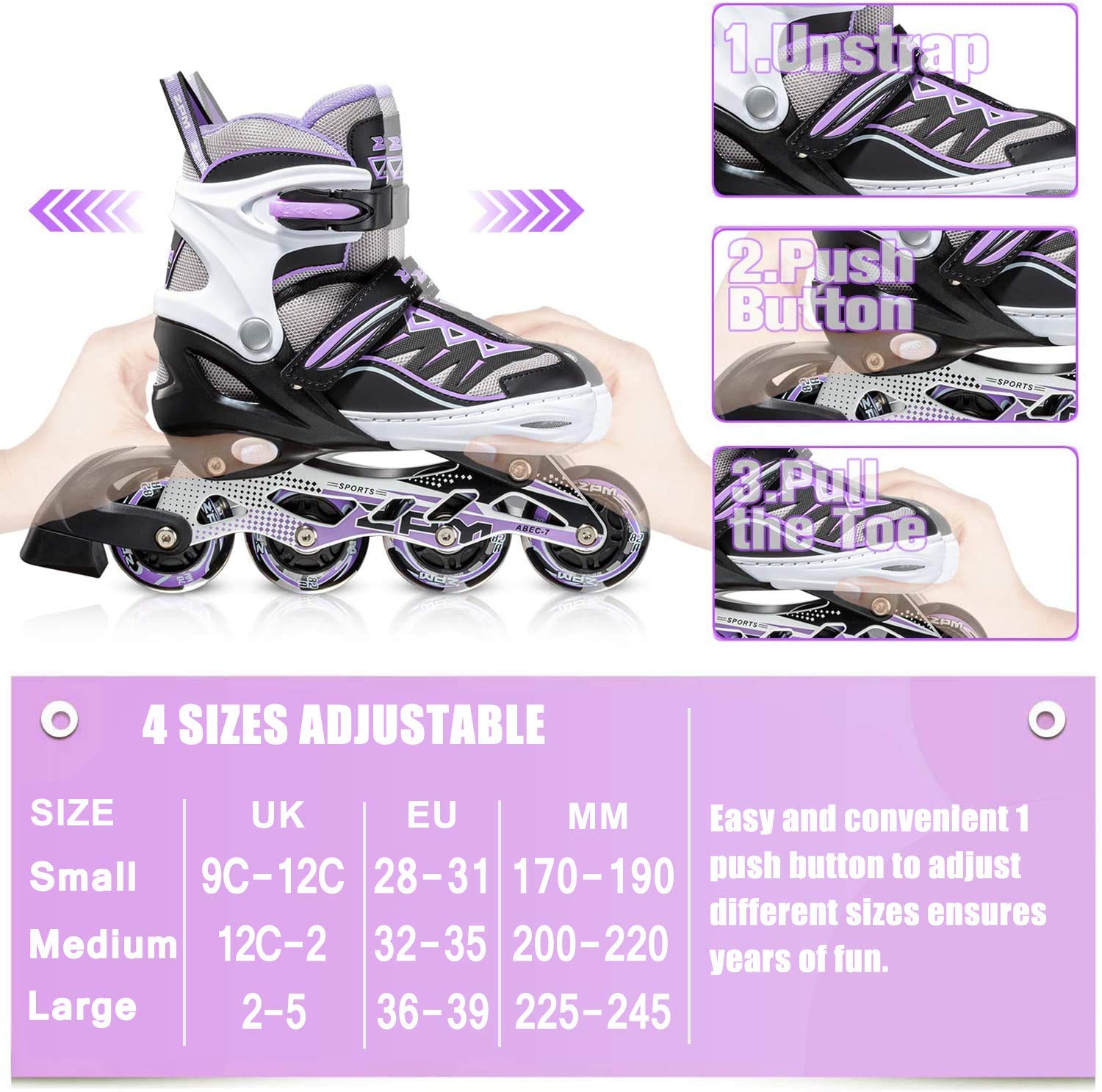 2pm Sports Adjustable Inline Skates | Light Up Wheels for Kids - Purple