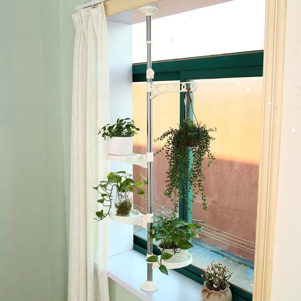 BAOYOUNI Tension Rod Plant Stand – Adjustable Window Sill Flower Rack