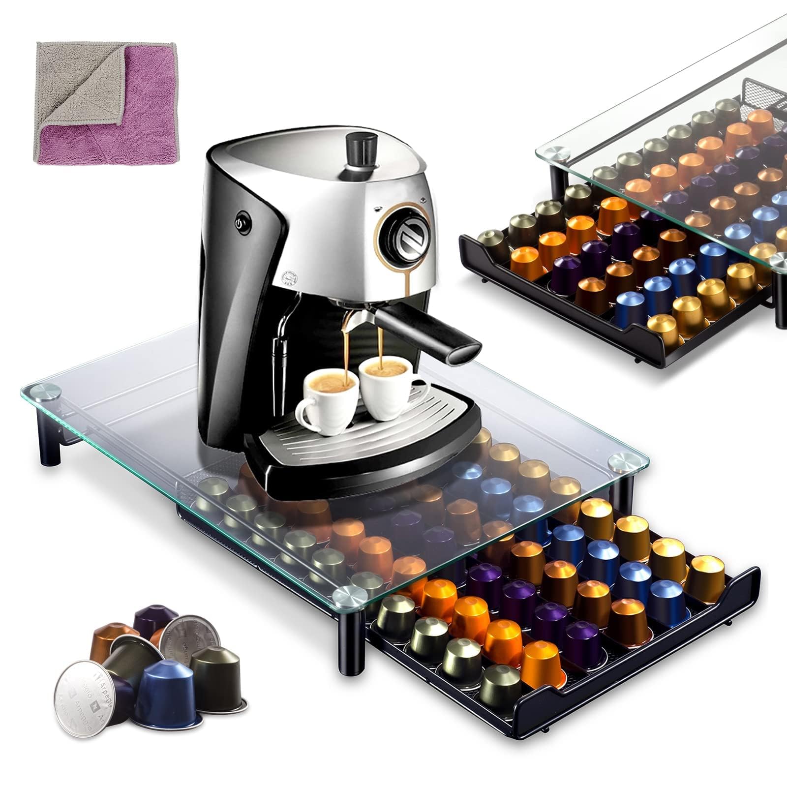 MASTERTOP Coffee Pod Holder – 60 Capsule Storage Drawer with Tempered Glass