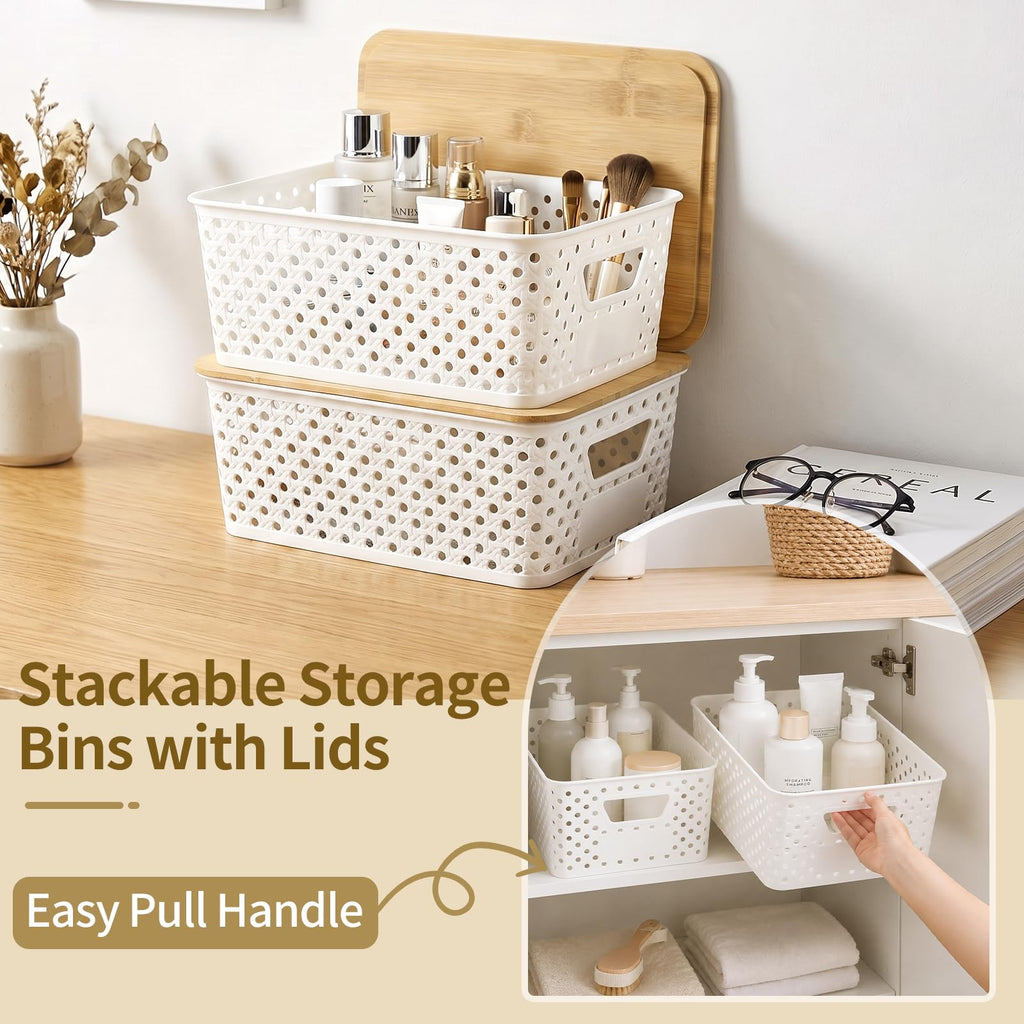 Yekolau 6 Pack Storage Bins for Shelves, Plastic Storage Containers with Bamboo Lids for Organizing, Stackable Storage Boxes with Handle - image 3