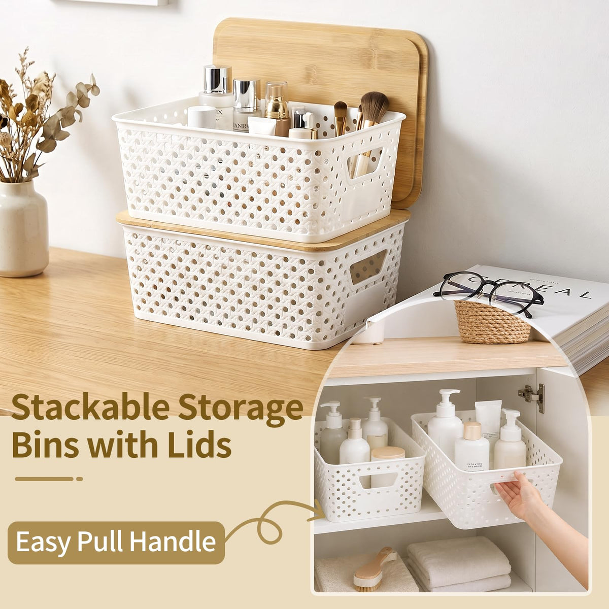 Yekolau 6 Pack Storage Bins for Shelves, Plastic Storage Containers with Bamboo Lids for Organizing, Stackable Storage Boxes with Handle - image 3