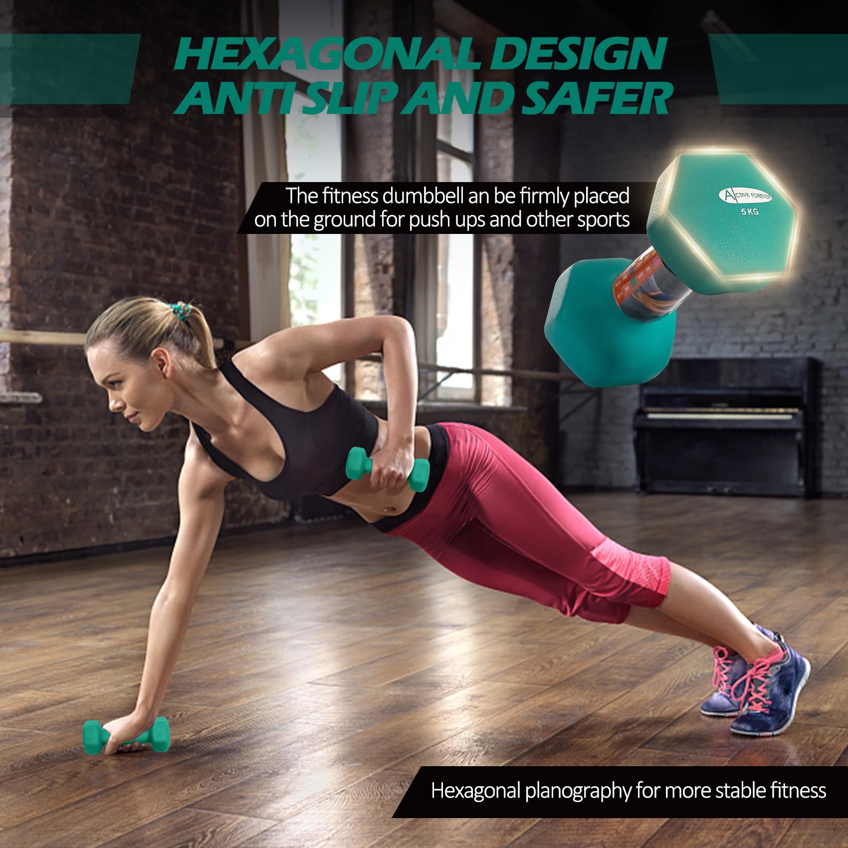 ACTIVE FOREVER Hex Dumbbells Set of 2 | 5kg Neoprene Non-Slip Weights