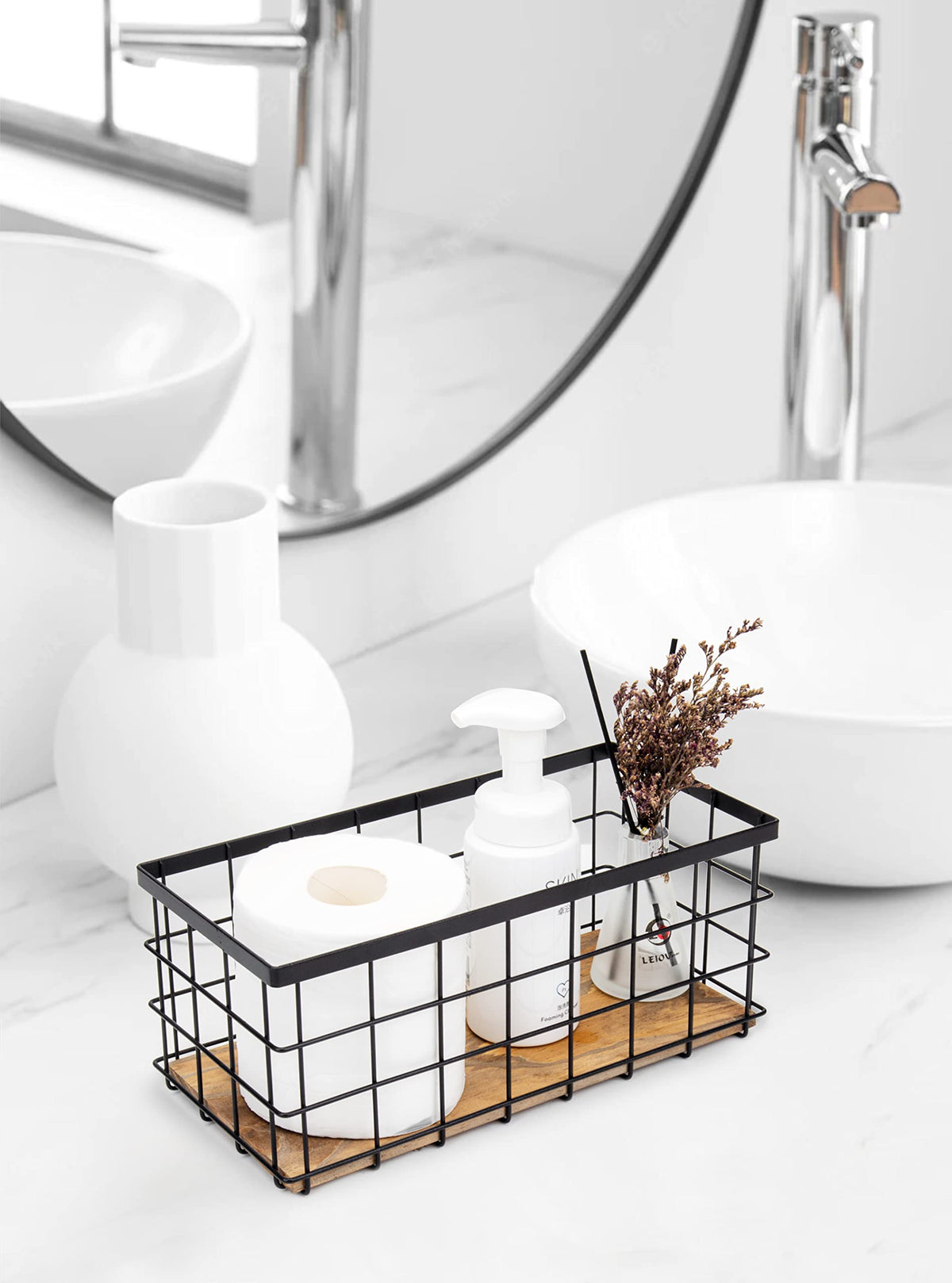 TIEYIPIN Farmhouse Decor Metal Wire Storage Baskets, Wood Base Containers Organizing Basket Caddy Bin for Kitchen Cabinets, Bathroom, Pantry, Garage - image 2