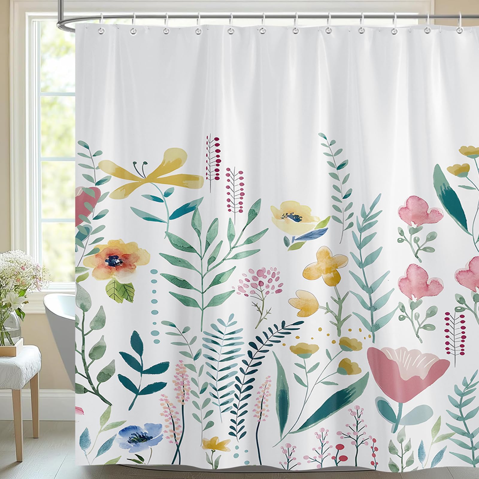 White Flower Shower Curtain – Waterproof & Weighted Polyester