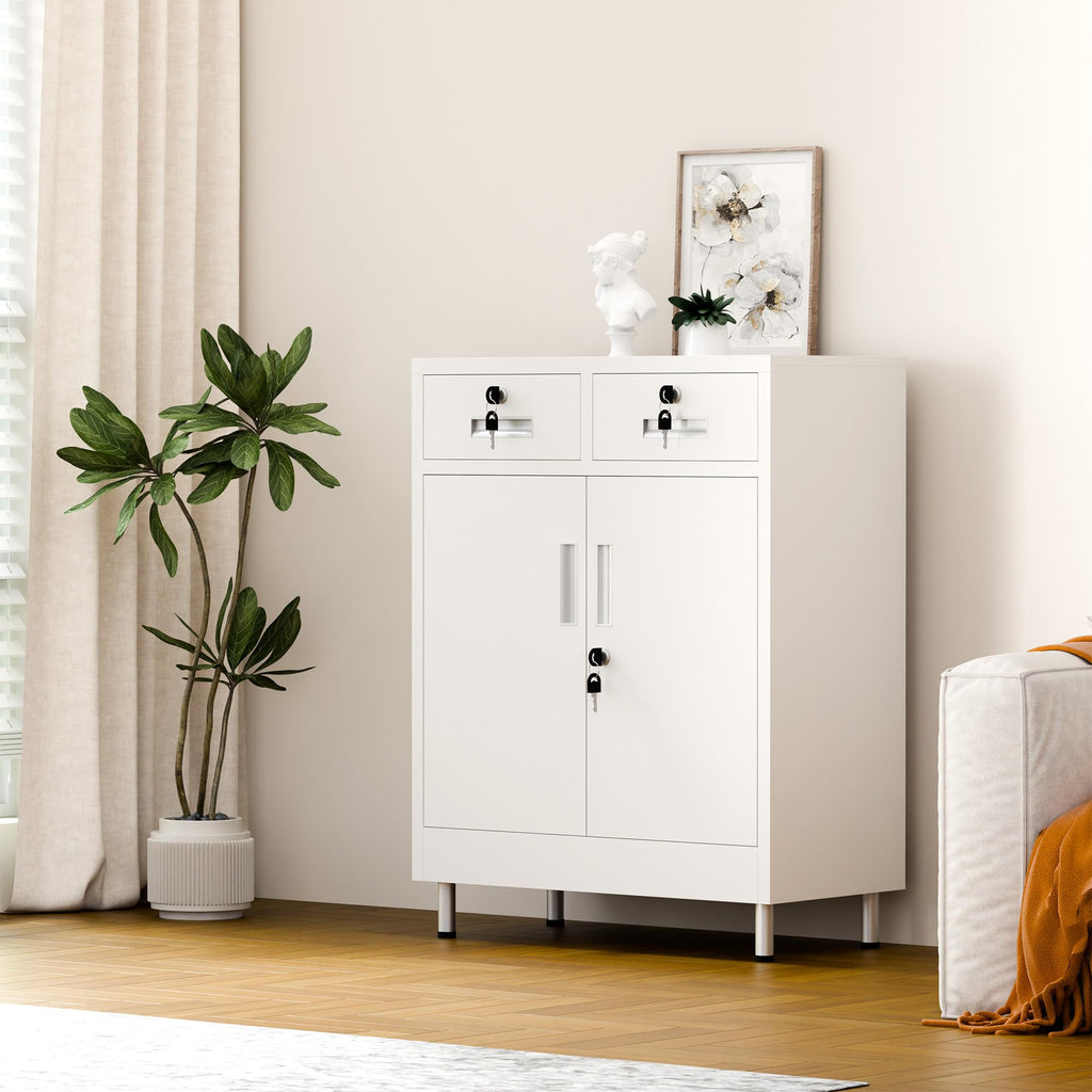 JINGUR Metal Storage Cabinet with Locking Doors and 2 Drawers White