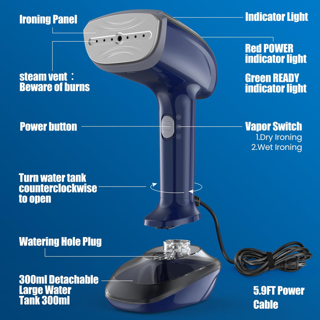 Jolof Store Handheld Fabric Steamer – 1800W Ceramic Plate Iron, Blue