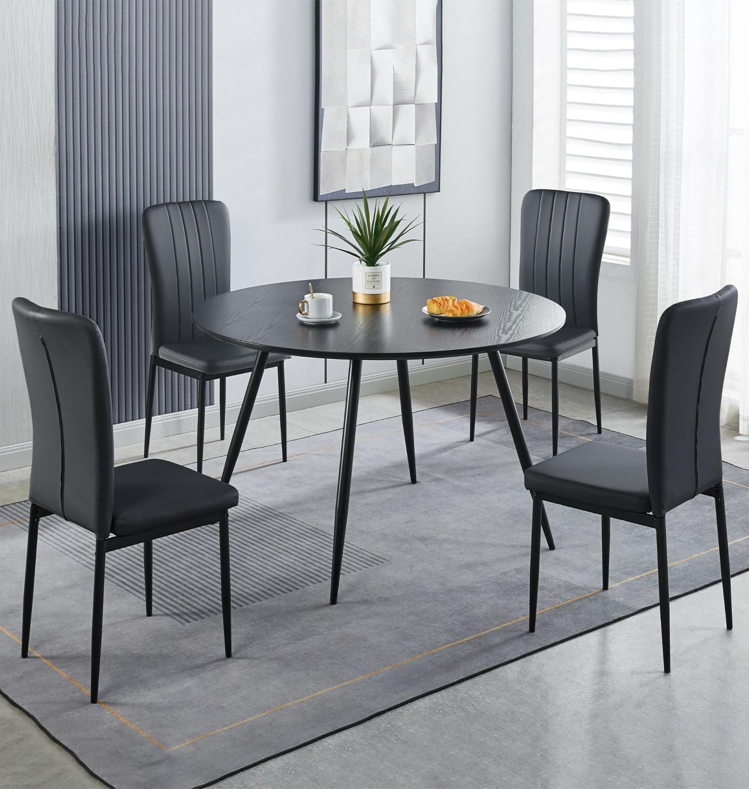 Hallowood Cullompton Round Black Dining Table and 4 Faux Leather Chairs