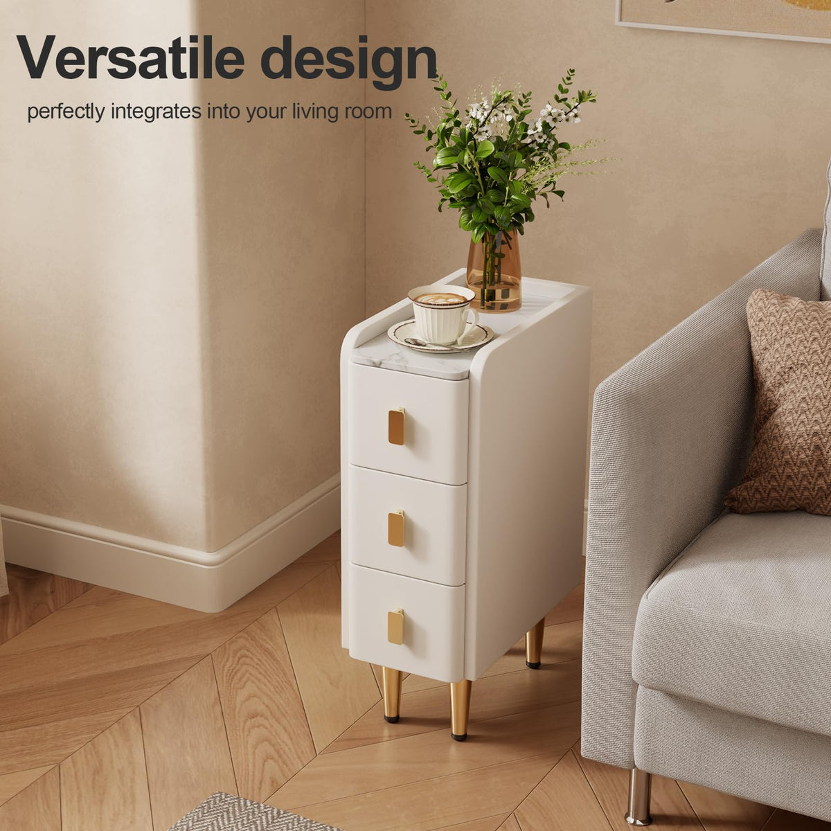 AQIMUELE Narrow Nightstand, Side Table with 3 Drawers, Bedside Cabinet with Elegant Leather Surface, Night Table for Bedroom, Living Room - image 5