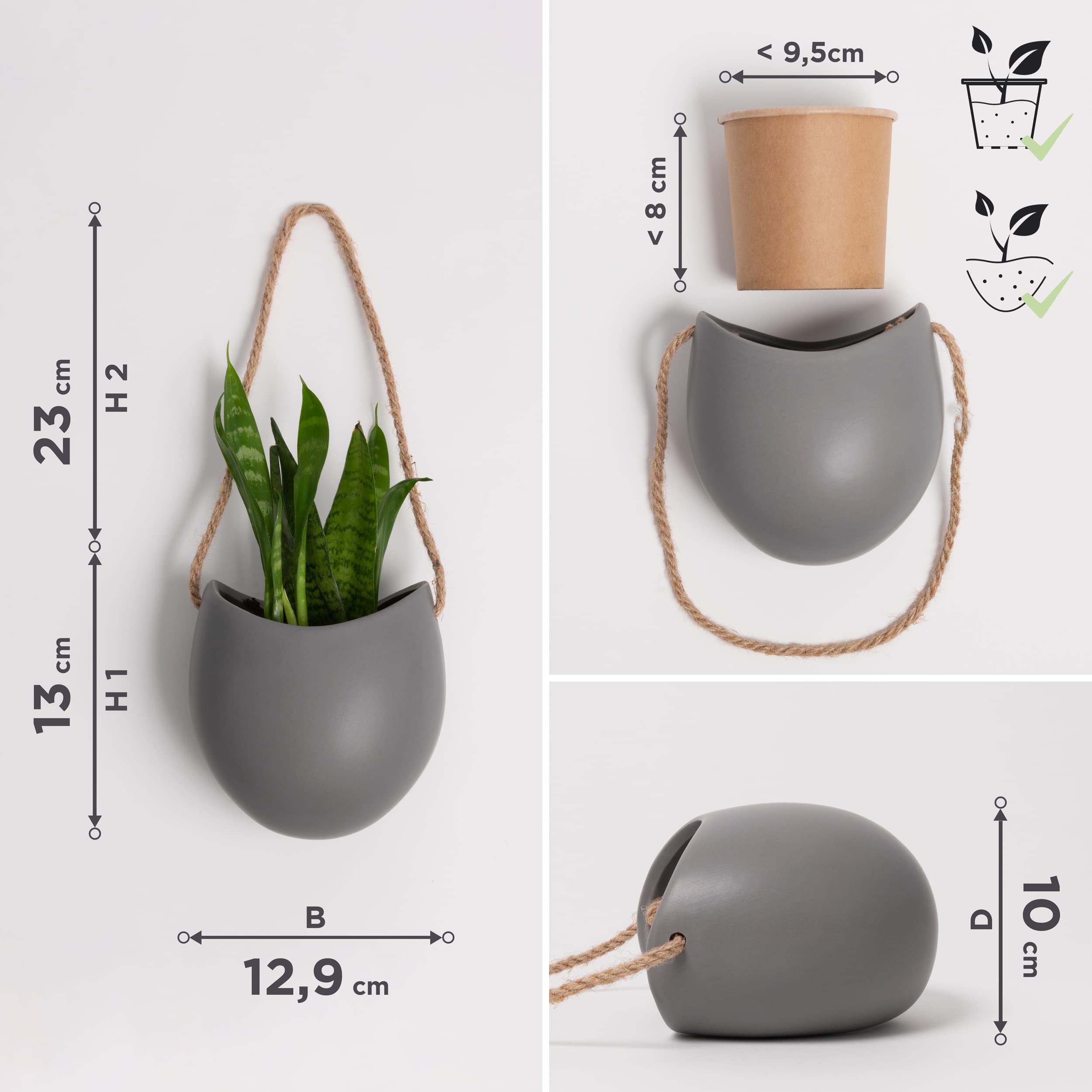Kazai Ellie Hanging Ceramic Wall Planters – 3-Piece Indoor Garden Set, Grey