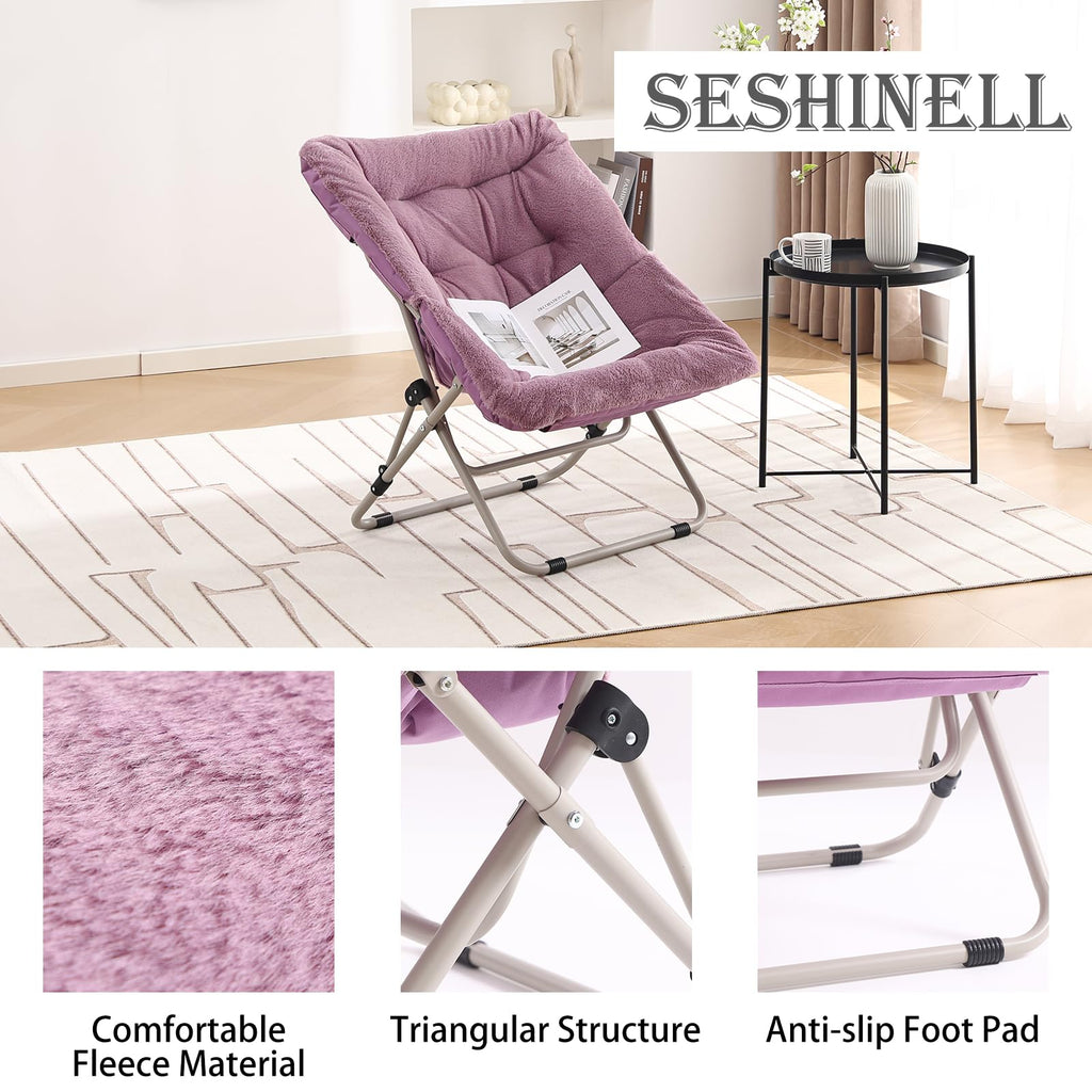 SESHINELL Oversized Saucer Chair | Foldable Faux Fur Moon Chair with Ottoman