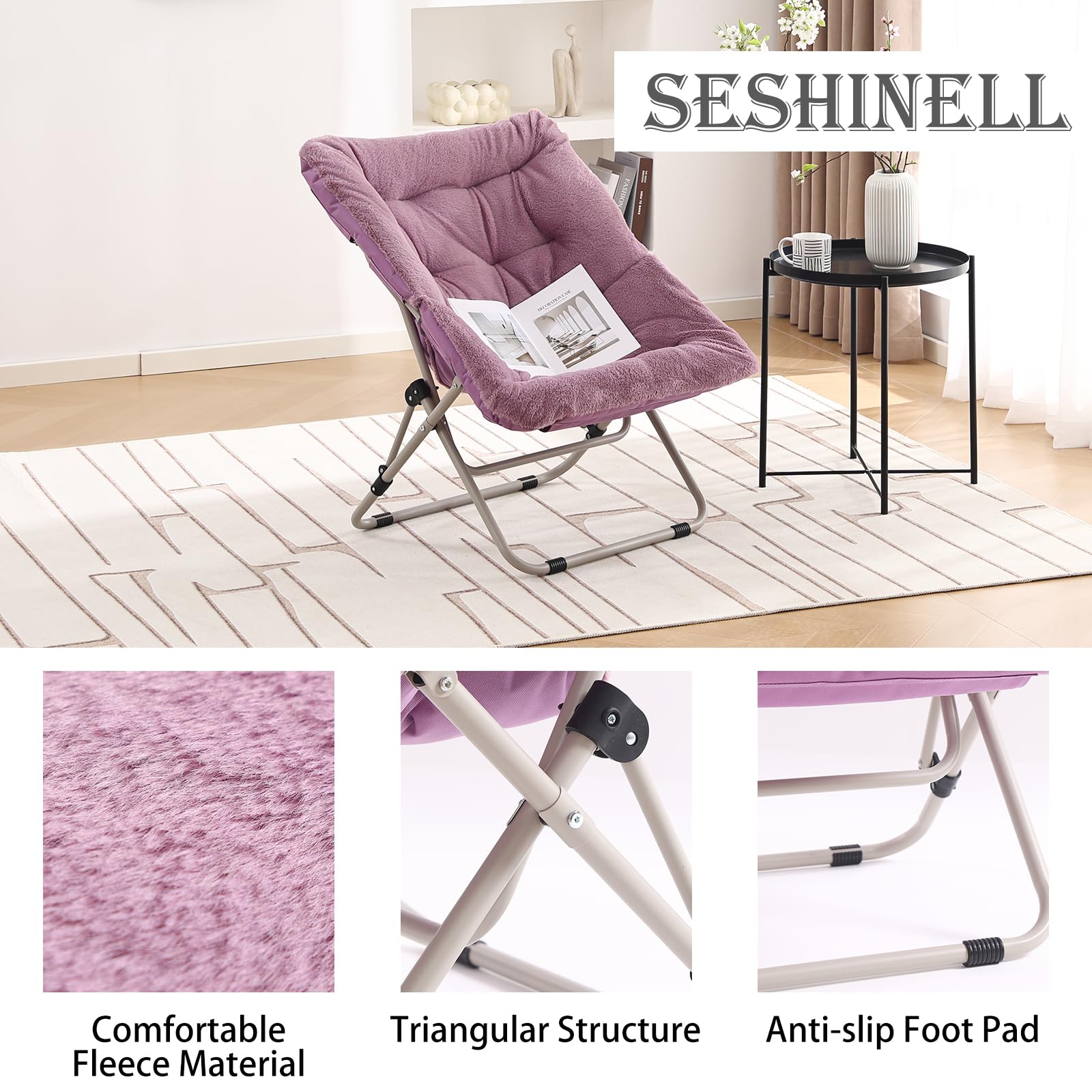 SESHINELL Oversized Saucer Chair | Foldable Faux Fur Moon Chair with Ottoman