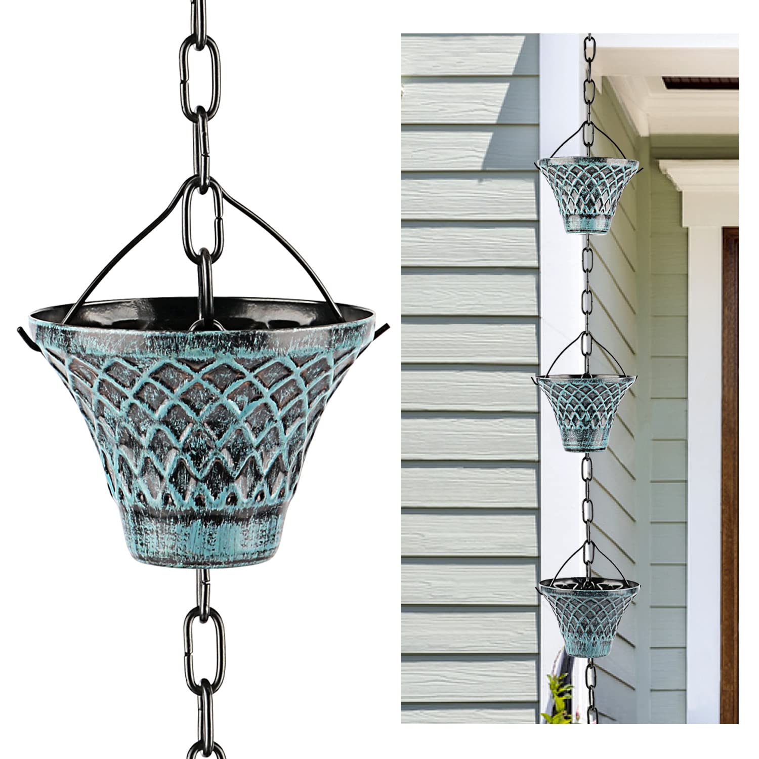 Hanayard Blue Plaid Umbrella Rain Chain – 8.5 FT Metal Gutter Downspout