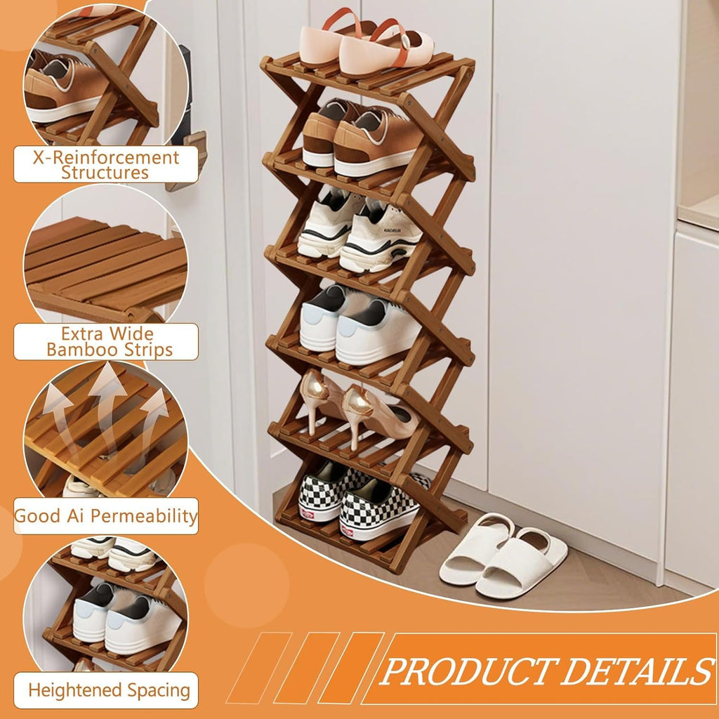 Kiss Me 4-Tier Foldable Bamboo Shoe Rack Narrow Vertical Organizer - image 5
