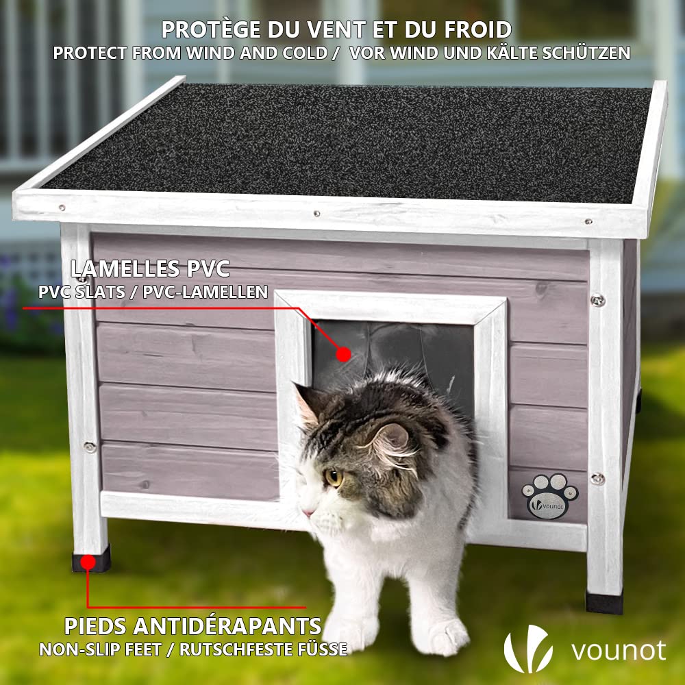 VOUNOT Wooden Outdoor Cat House – Weatherproof Pet Shelter, Grey