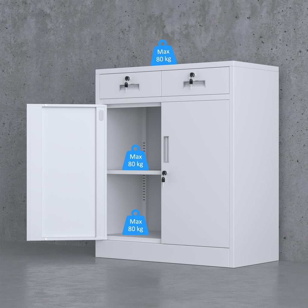JINGUR Metal Storage Cupboard with Locking Doors and 2 Drawers White