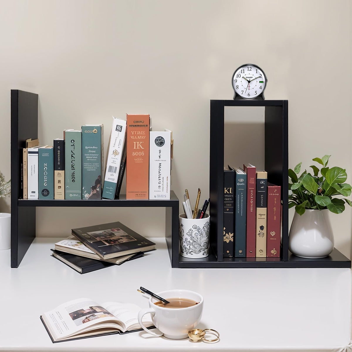 Wooden Desk Shelf, Adjustable Desktop Bookshelf, Small Black Bookcase - image 4