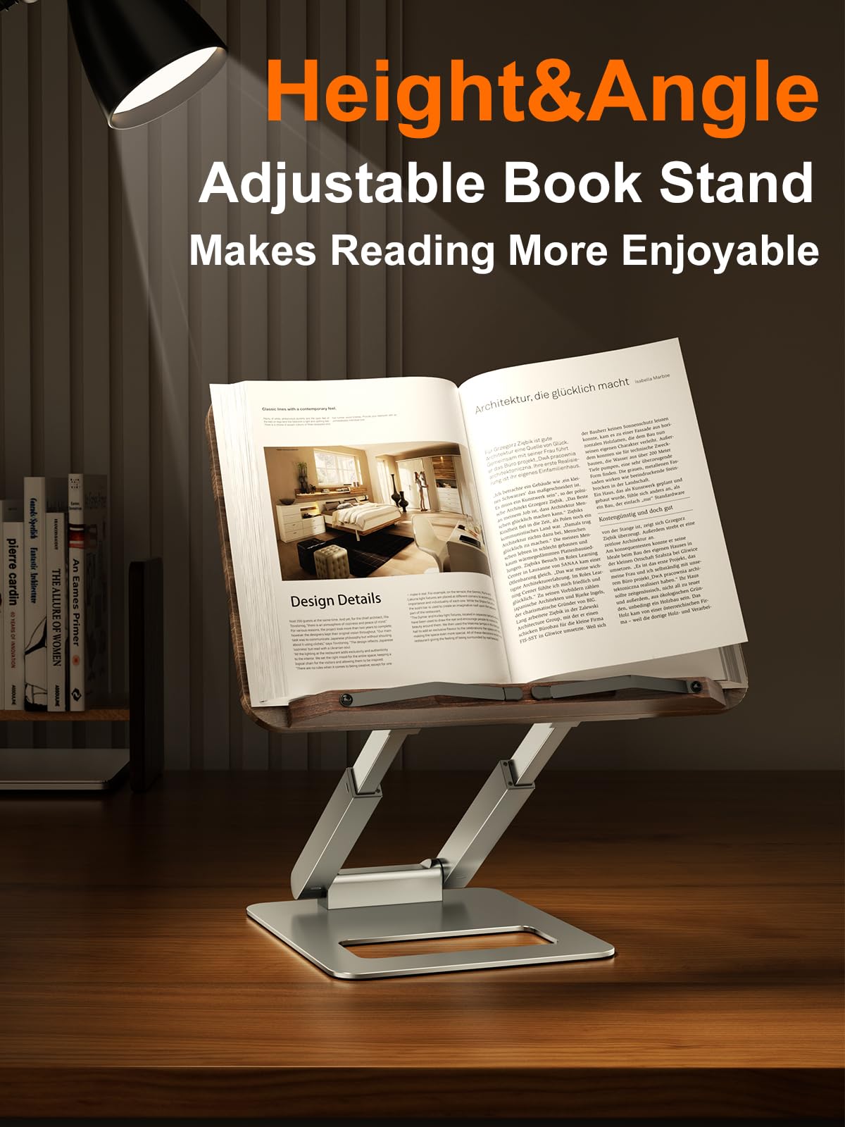 tounee Book Stand, Adjustable Metal Wood, Silver for Recipe, Music Scores, Tablet, Laptop - image 4