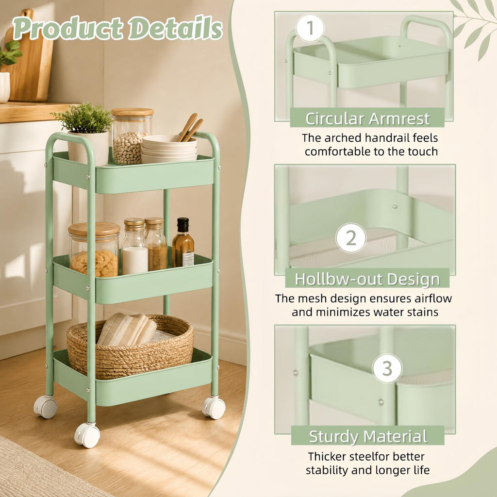 Siocok 3 Tier Metal Storage Trolley on Wheels, Storage Cart, Rolling Utility Cart, Easy Assembly for Home Kitchen, Bathroom Laundry and Office Green - image 3