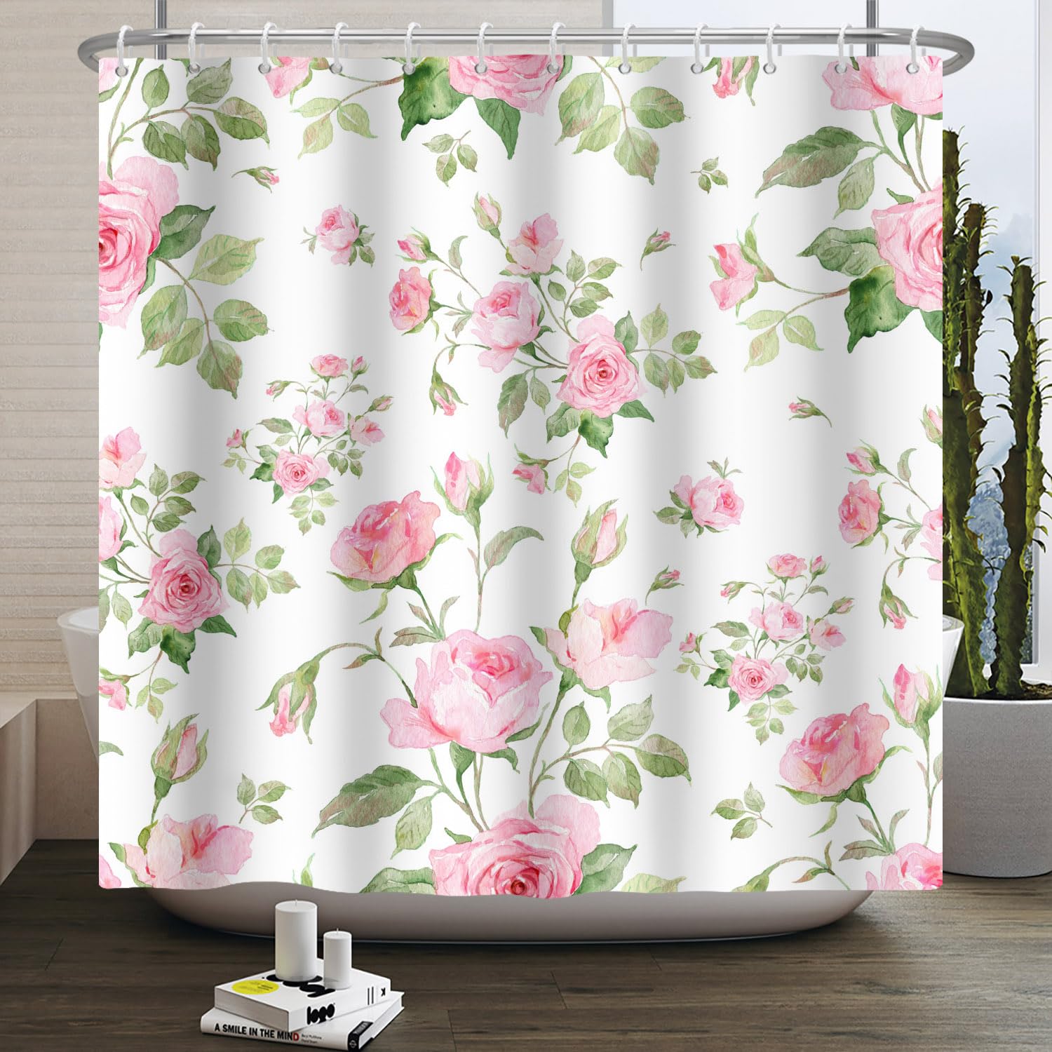 Jolof Store Floral Shower Curtain | Pink Rose Waterproof Polyester Fabric
