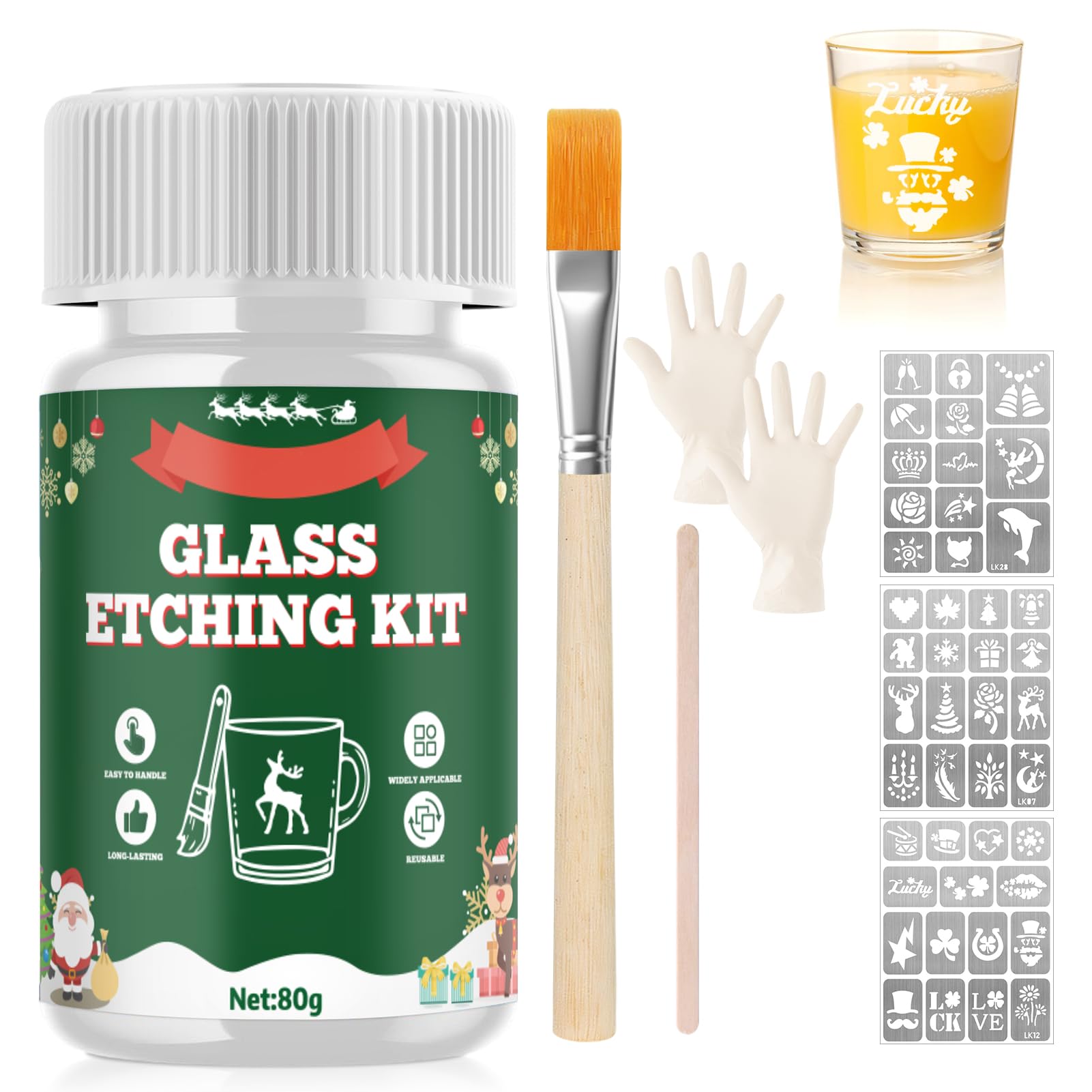 WEILAOK Glass Etching Cream Kit – 80g DIY Christmas Stencil Set