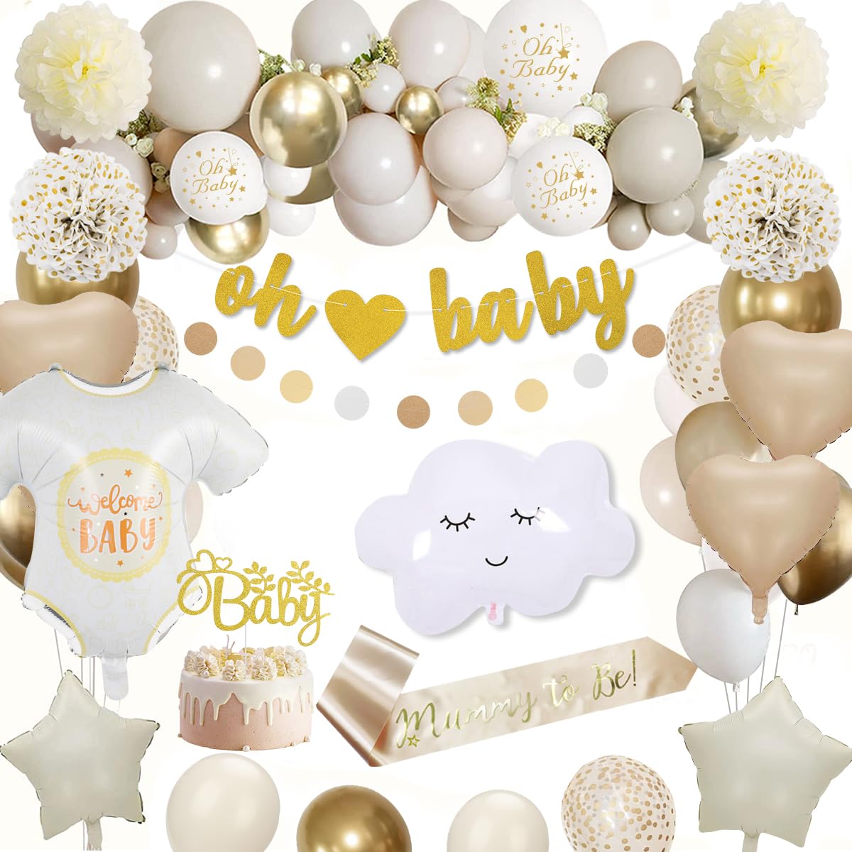 Jolof Store Gold and White Baby Shower Decorations Kit - 56 Piece Set
