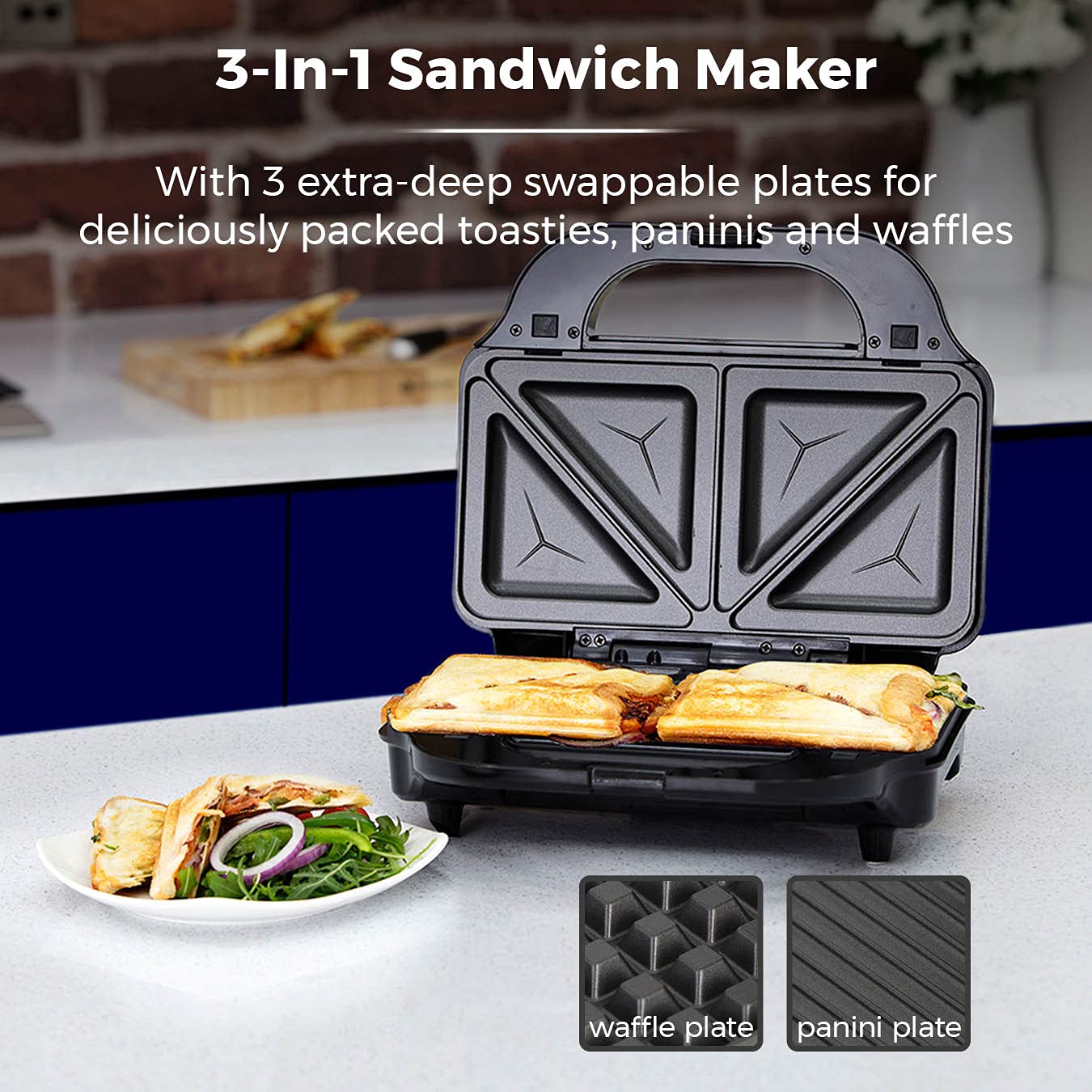 Tower T27020 3-in-1 Sandwich Maker with Waffle Plates - Stainless Steel