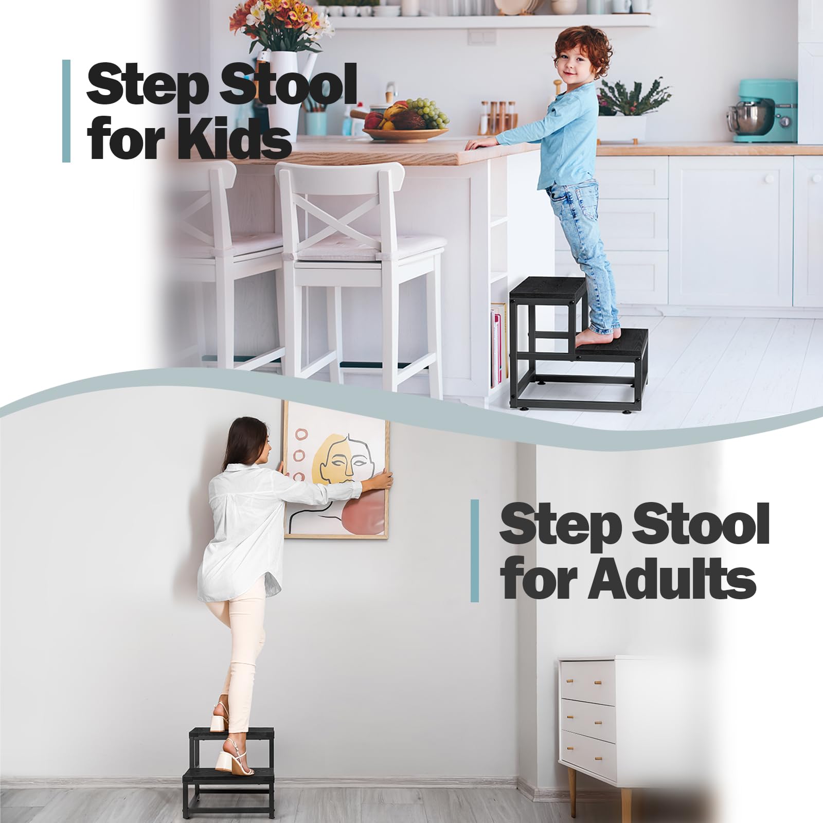LIANTRAL 2-Step Stool for Adults | Heavy Duty Wood and Steel Foot Stool