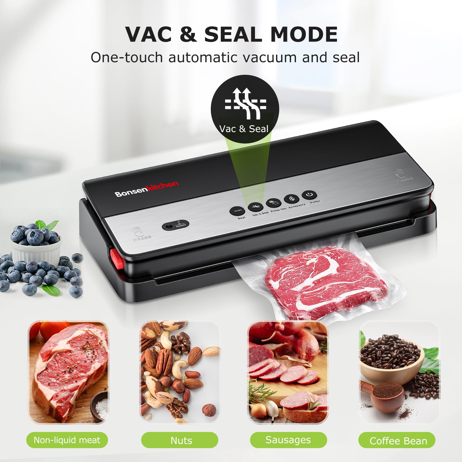 Bonsenkitchen Vacuum Sealer Machine with Built-in Cutter and 50 Bags