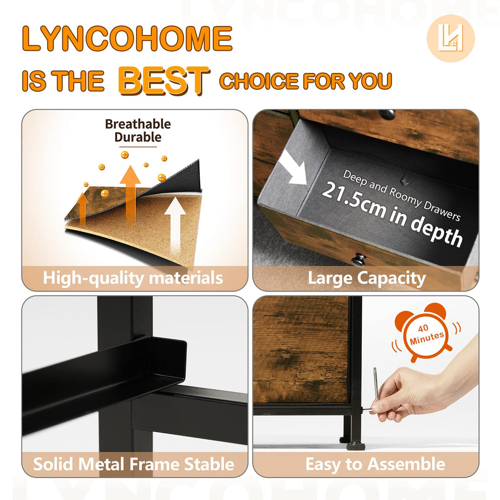 LYNCOHOME 10 Drawer Fabric Dresser – Rustic Brown Storage Chest