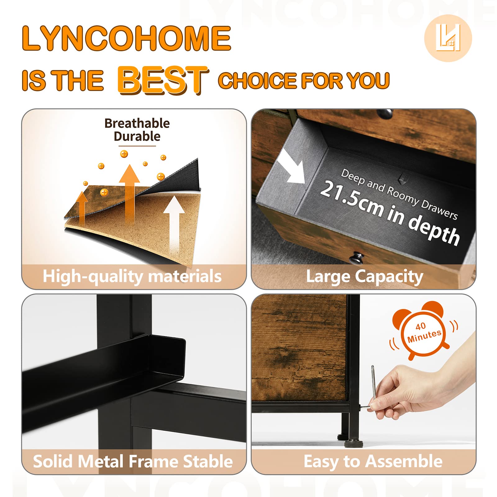 LYNCOHOME 10 Drawer Fabric Dresser – Rustic Brown Storage Chest