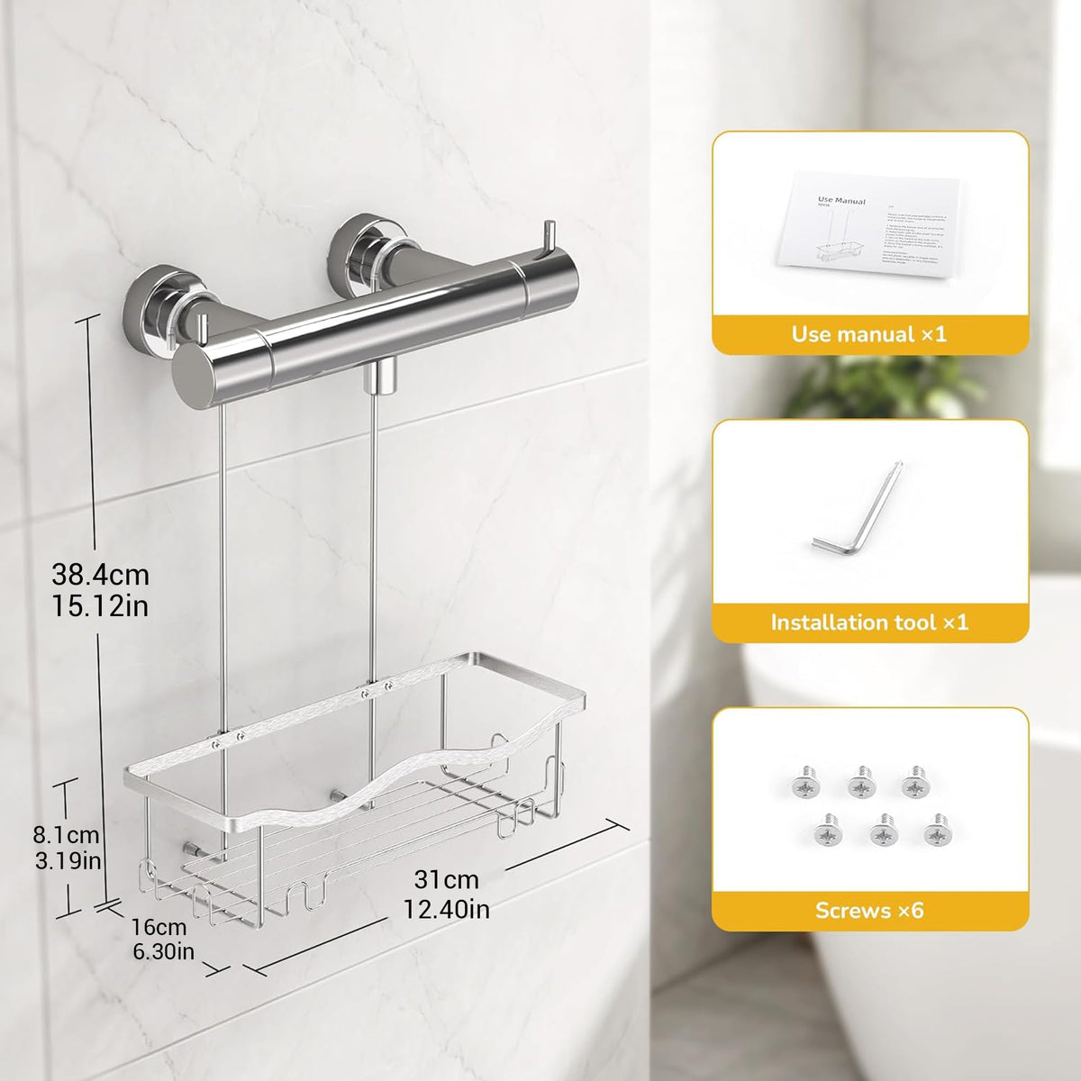 ALOCEO Shower Caddy Hanging No Drilling, Silver Shower Shelf, Shower Storage 304 Stainless Steel Suitable for Use in the Bathroom - image 3