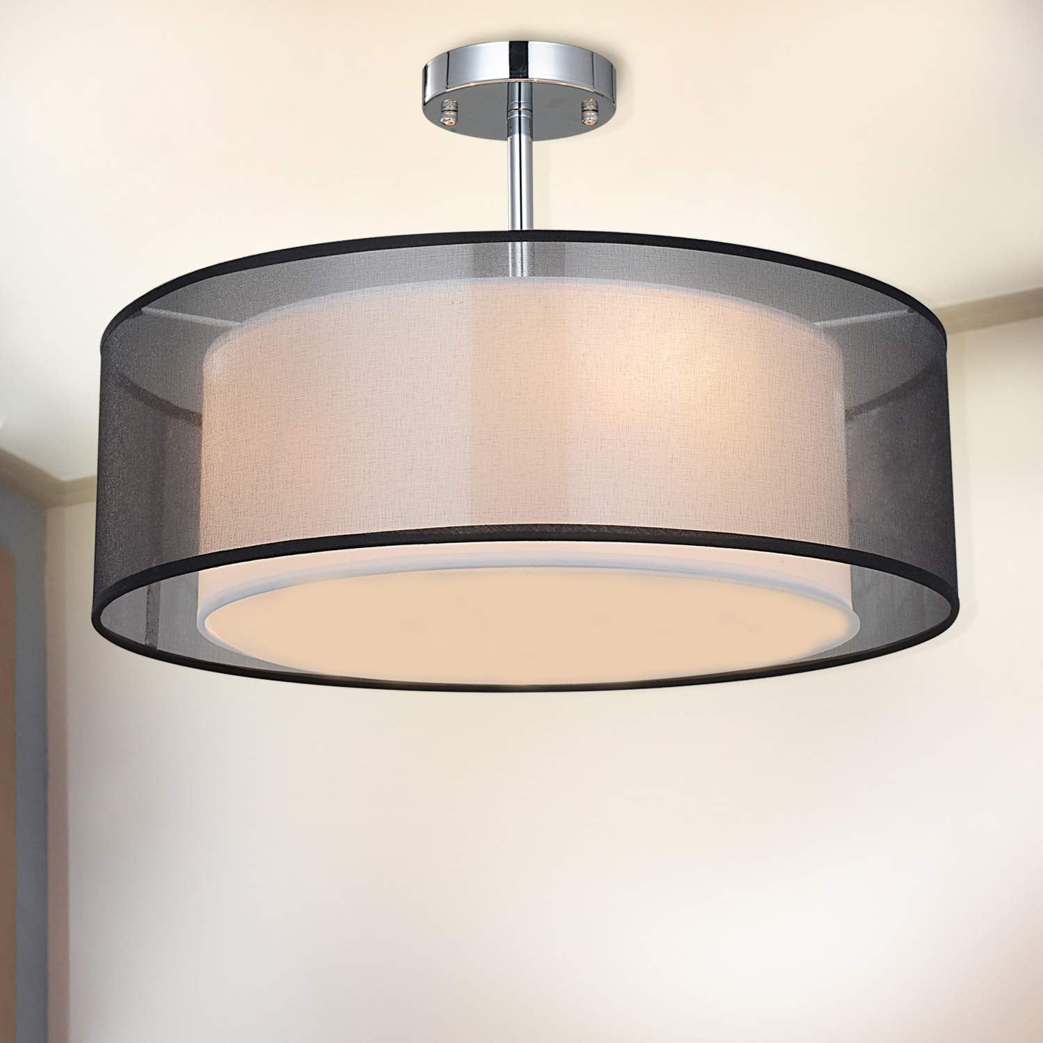SPARKSOR Modern 2-Tier Black Fabric Drum Pendant Light – 50cm Ceiling Lamp
