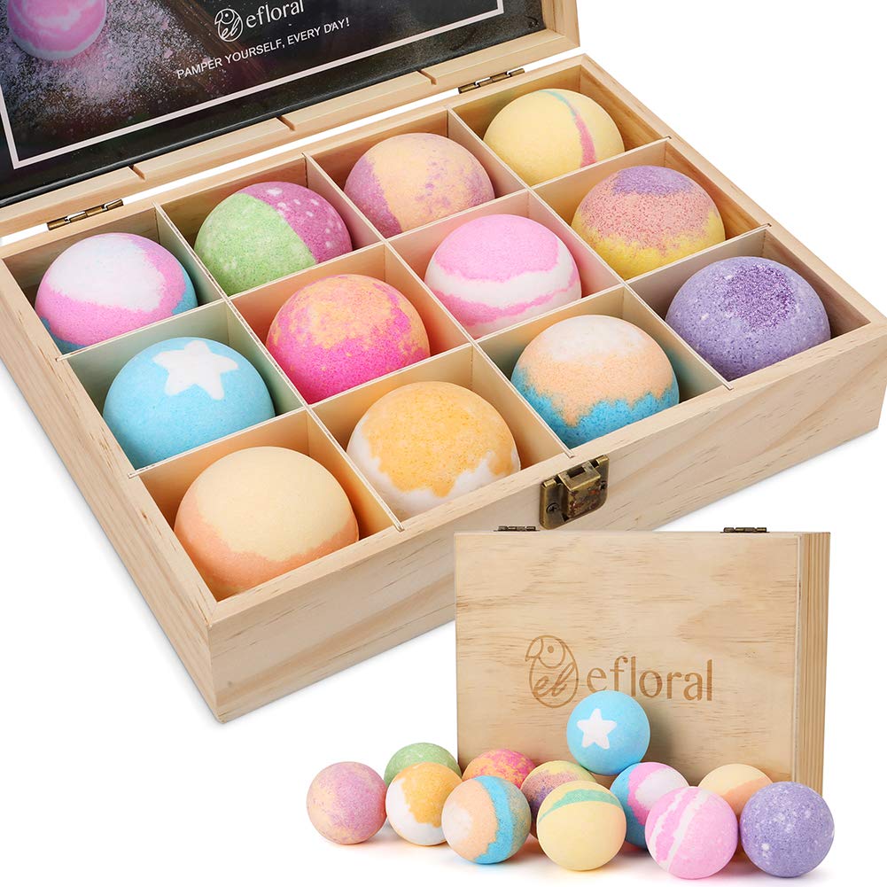 efloral 12-Piece Organic Bath Bombs Gift Set | Natural Spa Wooden Box