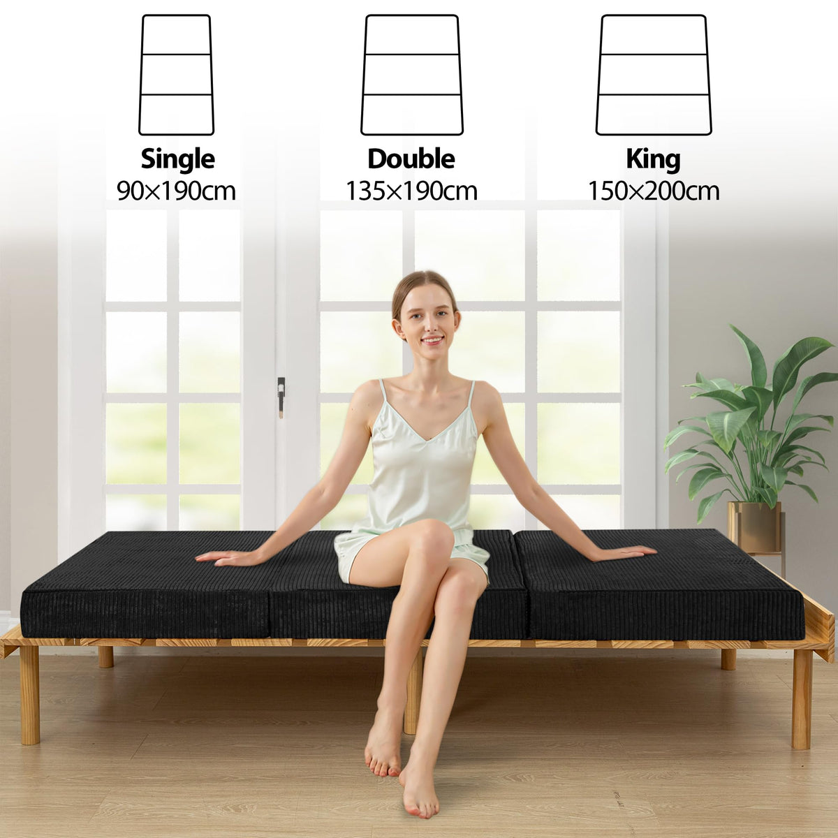 MAXYOYO Folding Corduroy Mattress, Tri Fold Floor Mattress 15cm thick with Washable Cover,Foldable in Three,Space-Saving for Guest Black, Single
