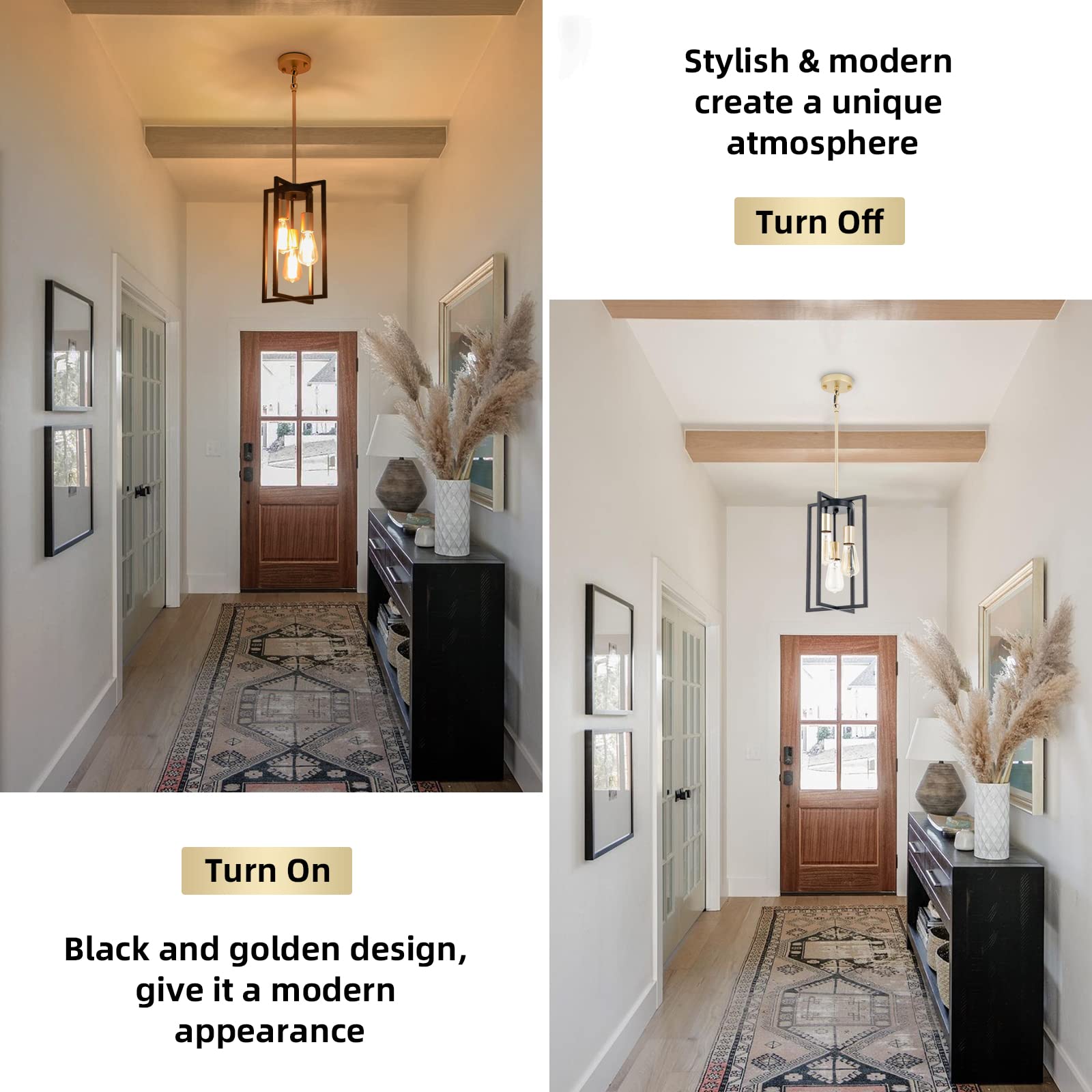 3-Light Geometric Pendant Light – Black & Gold Metal Chandelier